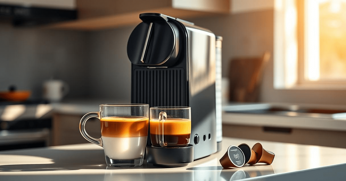 A Nespresso Vertuo Next Coffee and Espresso Machine brewing a fresh cup with rich crema.
