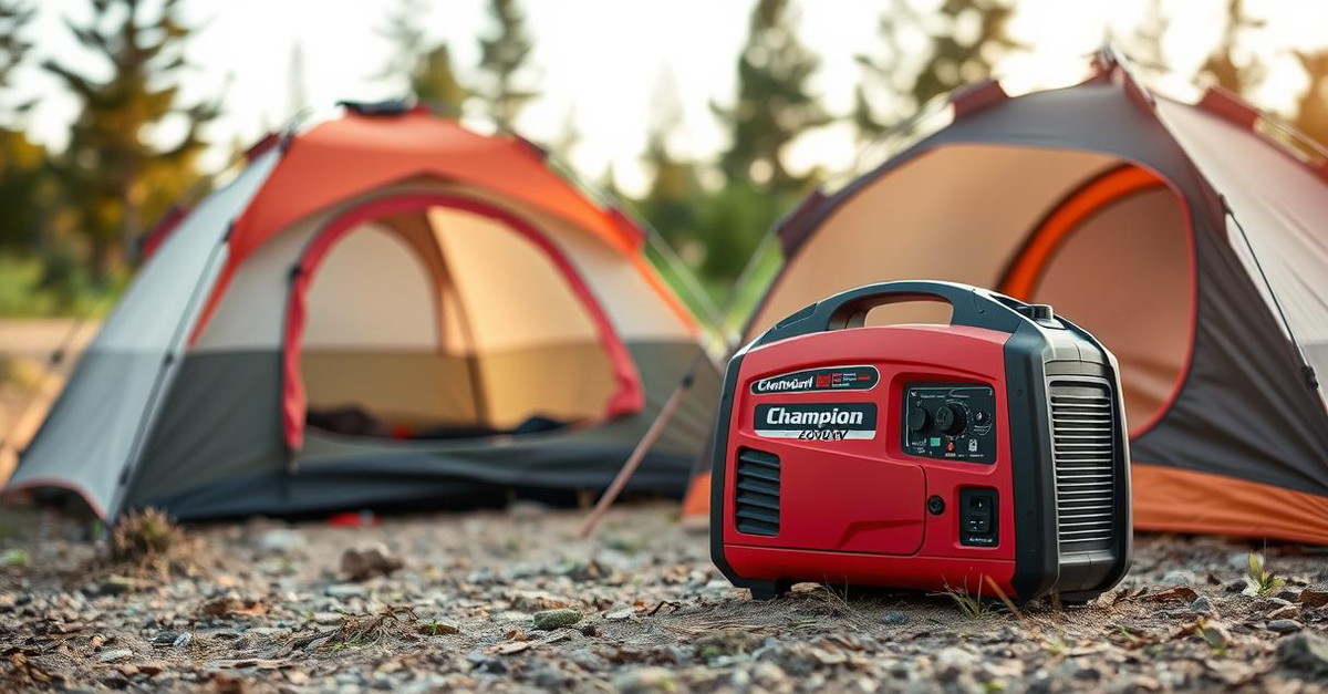 A Champion 2000W Inverter Generator providing quiet power at a campsite.