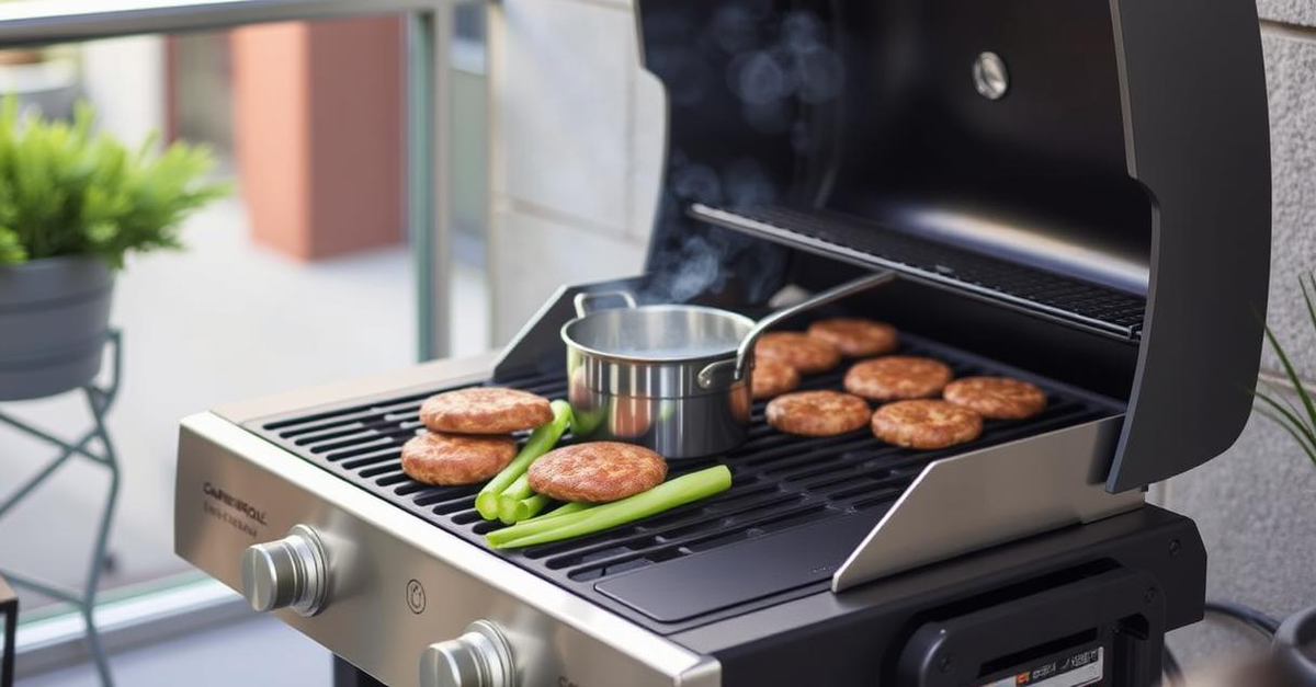 A compact Char-Broil Performance Series 2-Burner Gas Grill cooking on a patio.