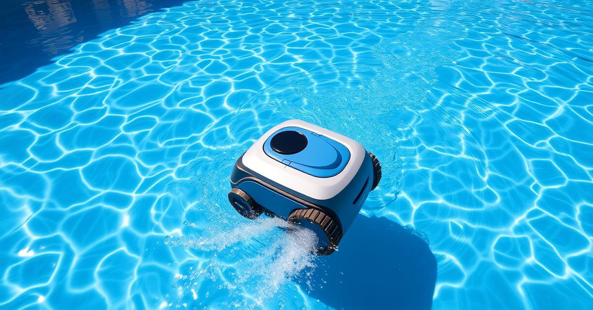 A Dolphin Nautilus CC Plus robotic pool cleaner actively cleaning an inground pool.