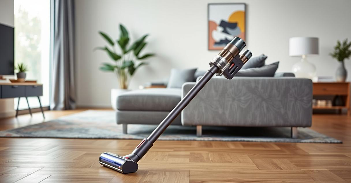 A Dyson Cyclone V10 Absolute cordless stick vacuum cleaner being used to clean a modern home.
