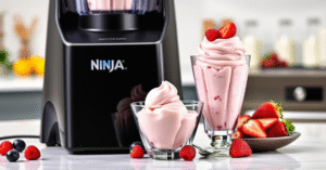 The Ninja CREAMi Deluxe NC501 creating a fresh, creamy frozen dessert in a modern kitchen.