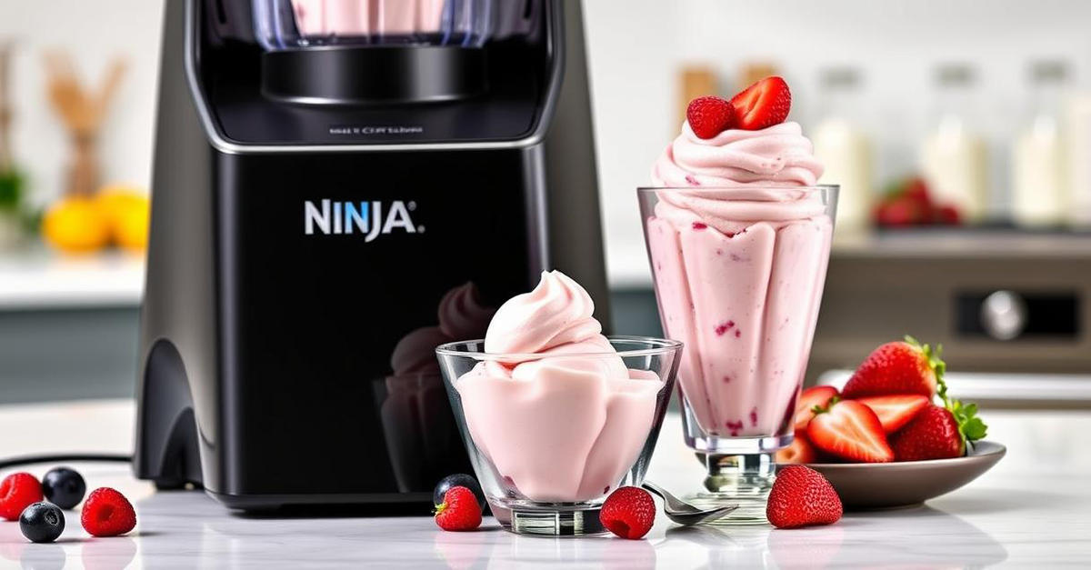 The Ninja CREAMi Deluxe NC501 creating a fresh, creamy frozen dessert in a modern kitchen.