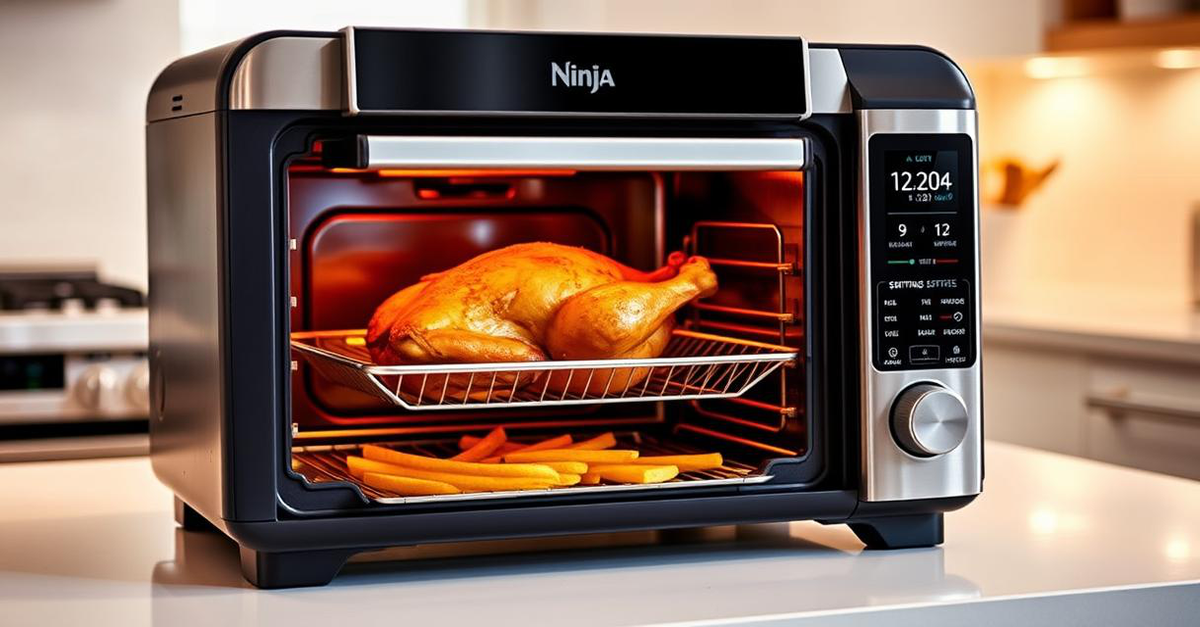 The Ninja Foodi Smart XL 10-in-1 Air Fryer Oven (DT251) cooking food on a kitchen counter.