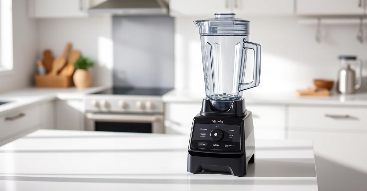 A black Vitamix E310 Explorian blender on a kitchen counter.