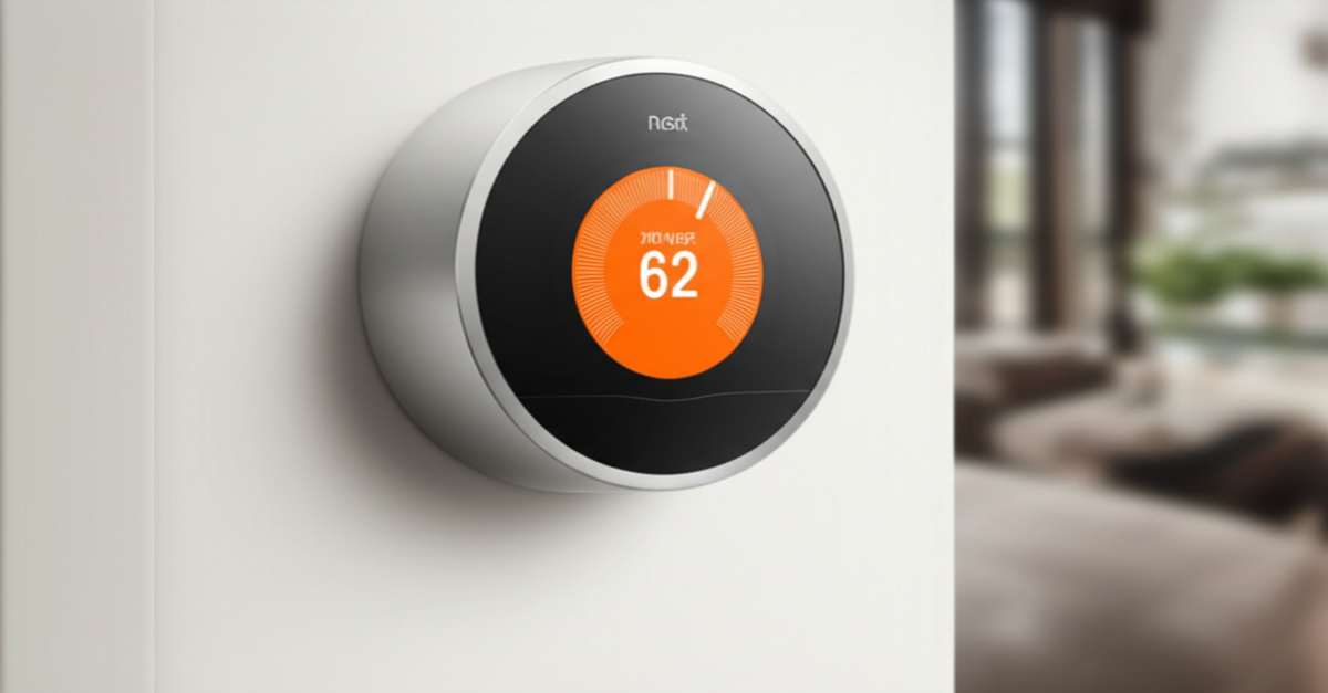 The Google Nest Learning Thermostat displaying the temperature on a contemporary wall.