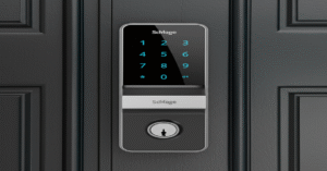 The Schlage Encode Smart Lock with its sleek touchscreen keypad on a residential front door.