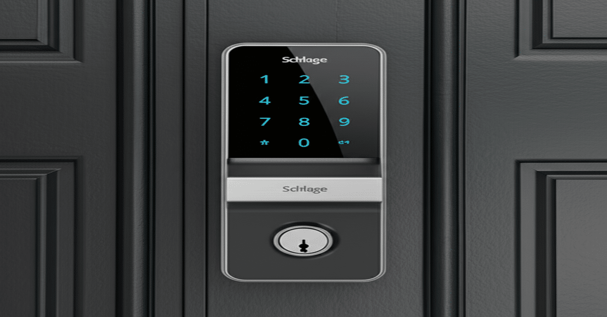 The Schlage Encode Smart Lock with its sleek touchscreen keypad on a residential front door.