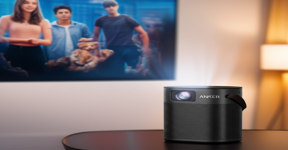 An Anker Nebula Capsule 3 Laser portable projector casting a vivid movie scene.