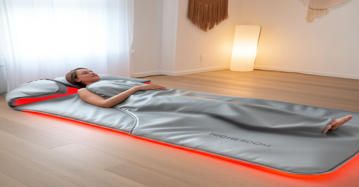 A person enjoying deep relaxation inside a HigherDOSE Infrared Sauna Blanket.