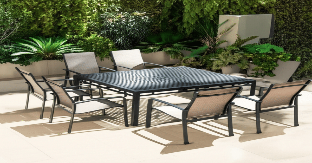 A modern PHI VILLA outdoor patio dining set with sleek metal design on a sunny deck.