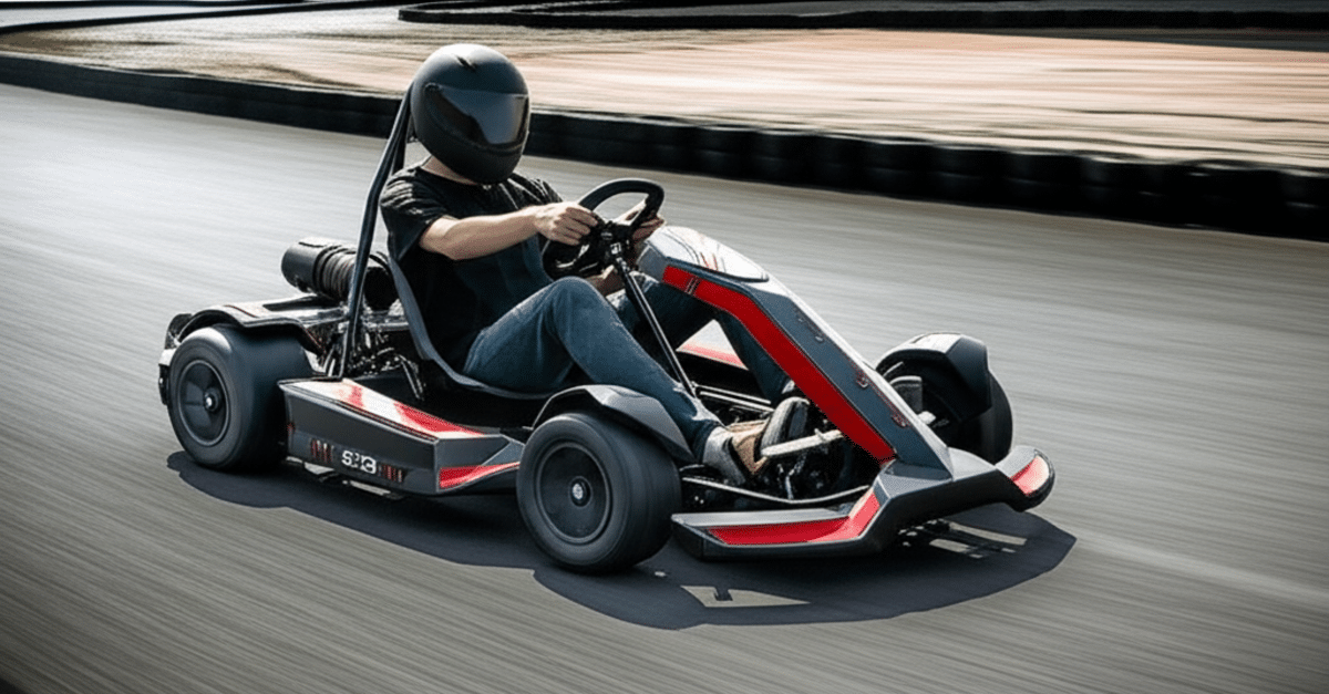 The Segway Ninebot GoKart Pro electric go-kart is shown mid-drift on a paved surface.