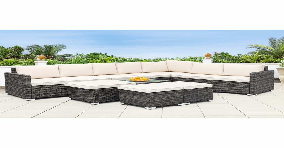 A Suncrown 7-Piece Outdoor Sectional Sofa & Dining Set with Ottoman on a modern patio.