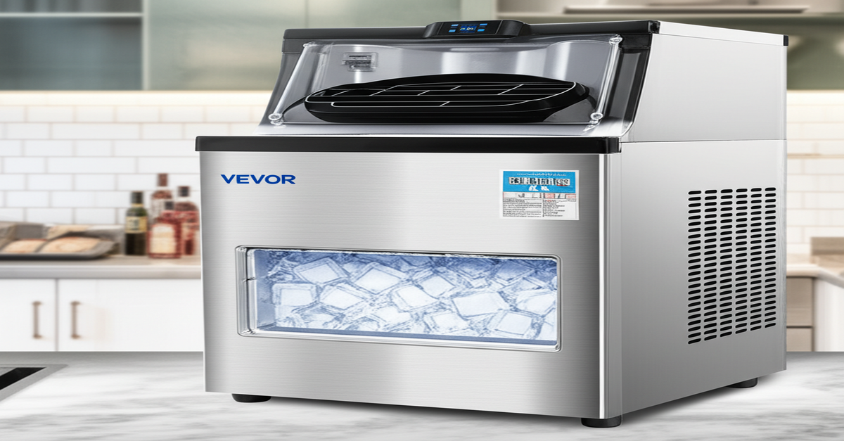 A VEVOR commercial ice maker producing 90lbs of ice, shown in a kitchen setting.