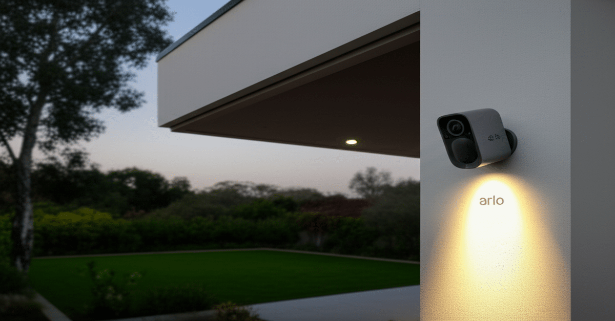 Arlo Pro 4 Spotlight Camera mounted outdoors, featuring 2K HDR video and an integrated spotlight.