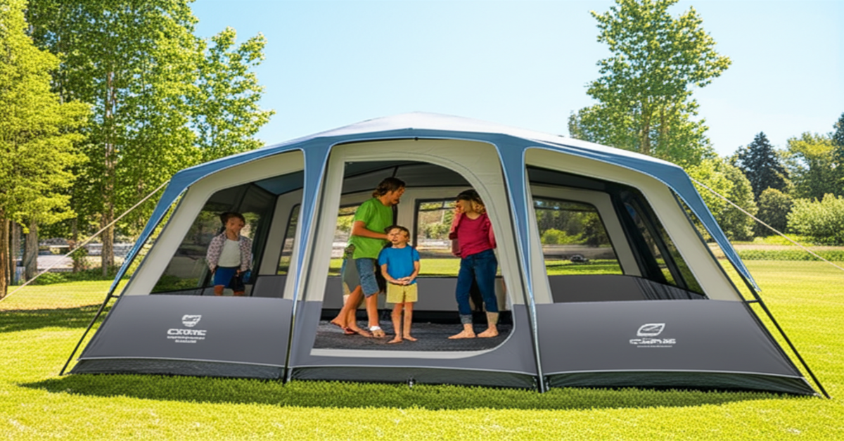 A family enjoys the spacious and easy-to-set-up CORE 9P Instant Cabin Tent at a scenic campsite.