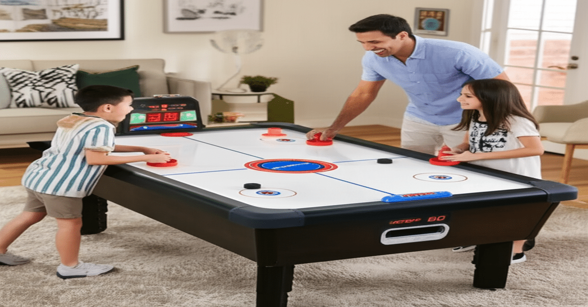 An ESPN 60-inch air hockey table with players mid-game.