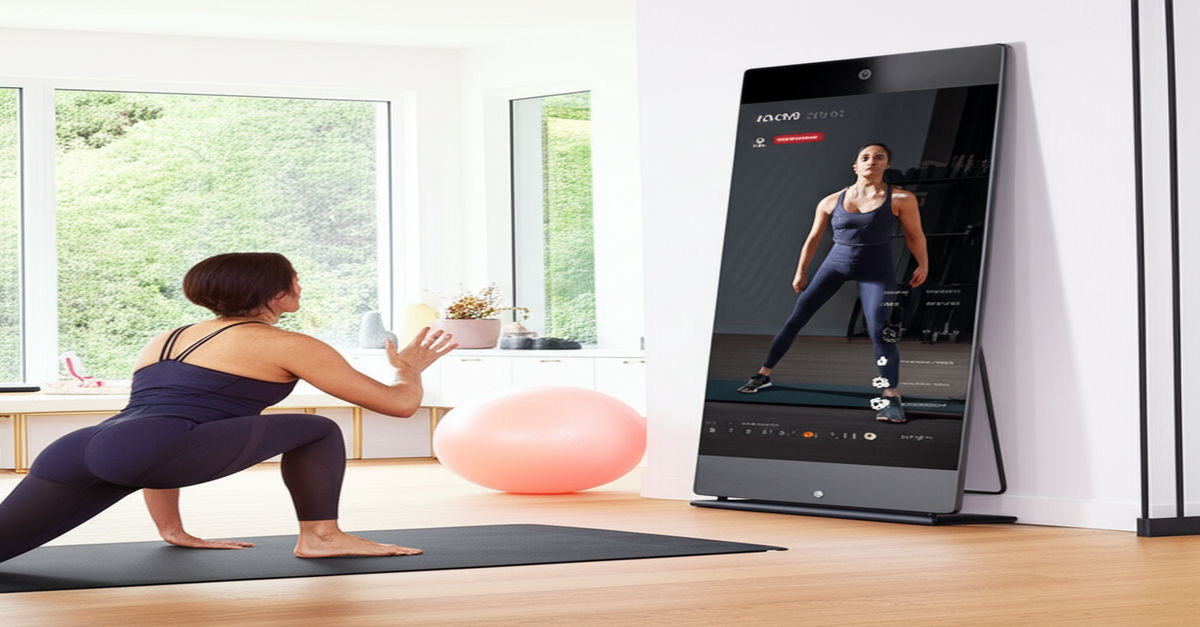 A person exercising in front of a Lululemon Studio Mirror, displaying a virtual fitness instructor and performance data.