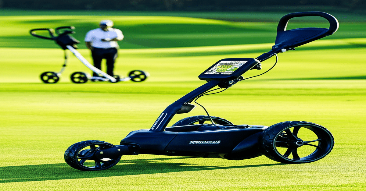 The Motocaddy M7 GPS Electric Caddy showcases its integrated GPS and remote control features on a golf course.