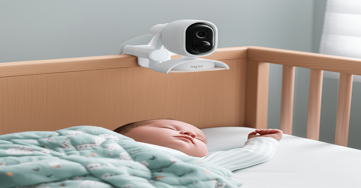 The Nanit Pro smart baby monitor camera overseeing a sleeping baby in a crib.