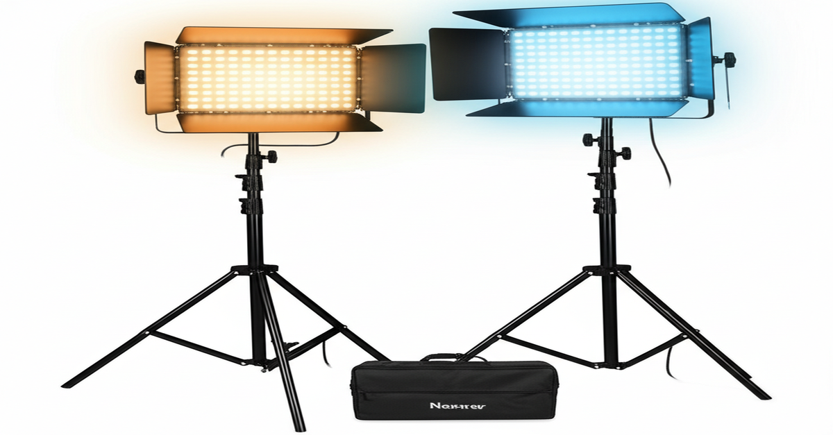 A Neewer 2-pack dimmable 660 LED video light kit set up with stands and carrying bag, ready for professional video production.