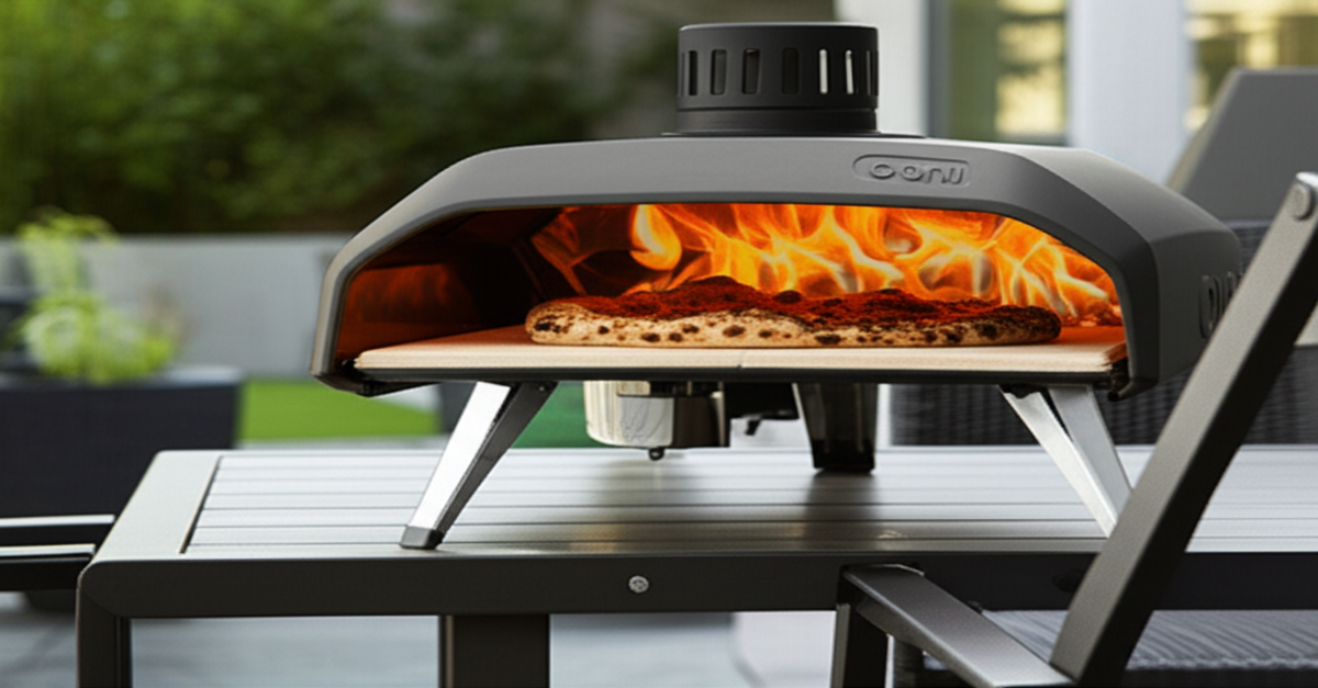 The Ooni Koda 12 Gas Powered Pizza Oven cooking a delicious pizza outdoors.