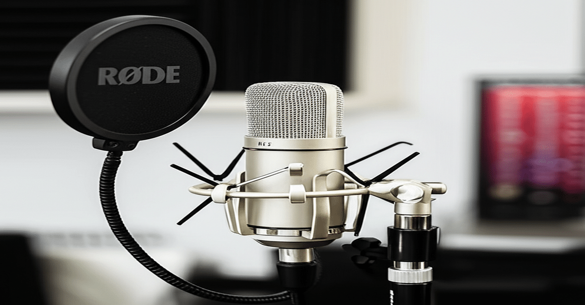 A Rode NT1 large-diaphragm condenser microphone mounted on a stand with a pop filter.