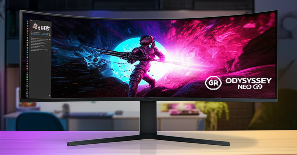 A detailed shot of the Samsung Odyssey Neo G9 G95SC super ultrawide curved gaming monitor displaying an immersive game.
